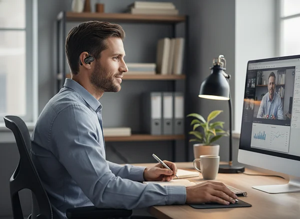 Pessoa trabalhando em home office durante uma chamada de vídeo usando fone open-ear