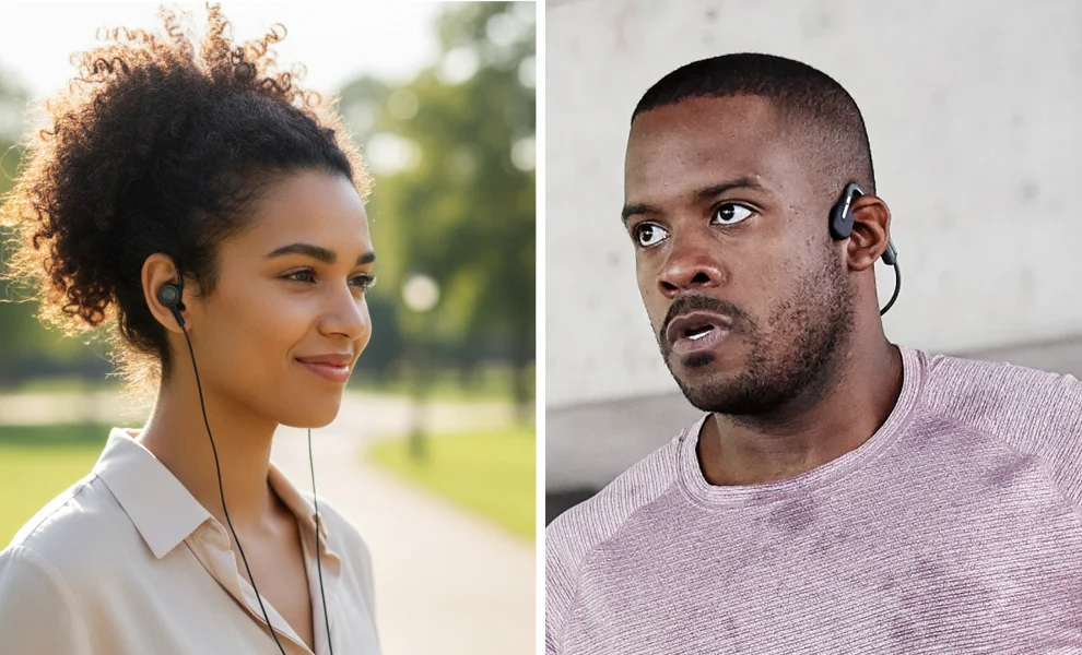 Comparação entre fone open-ear e fone in-ear, mostrando dois usuários com encaixes diferentes no ouvido