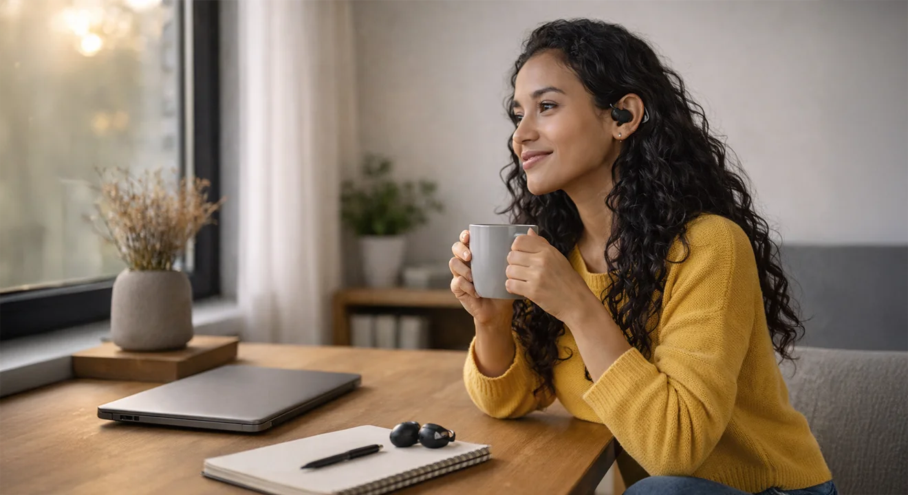 Mulher com fone open-ear sentada à mesa de trabalho no fim do dia, segurando uma caneca, em ambiente calmo com luz natural.