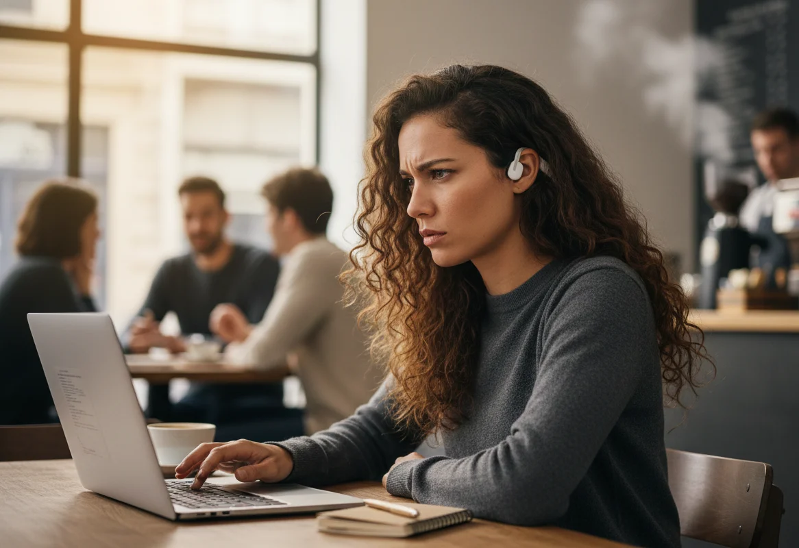 Pessoa trabalhando em ambiente movimentado usando notebook enquanto outras pessoas conversam ao fundo